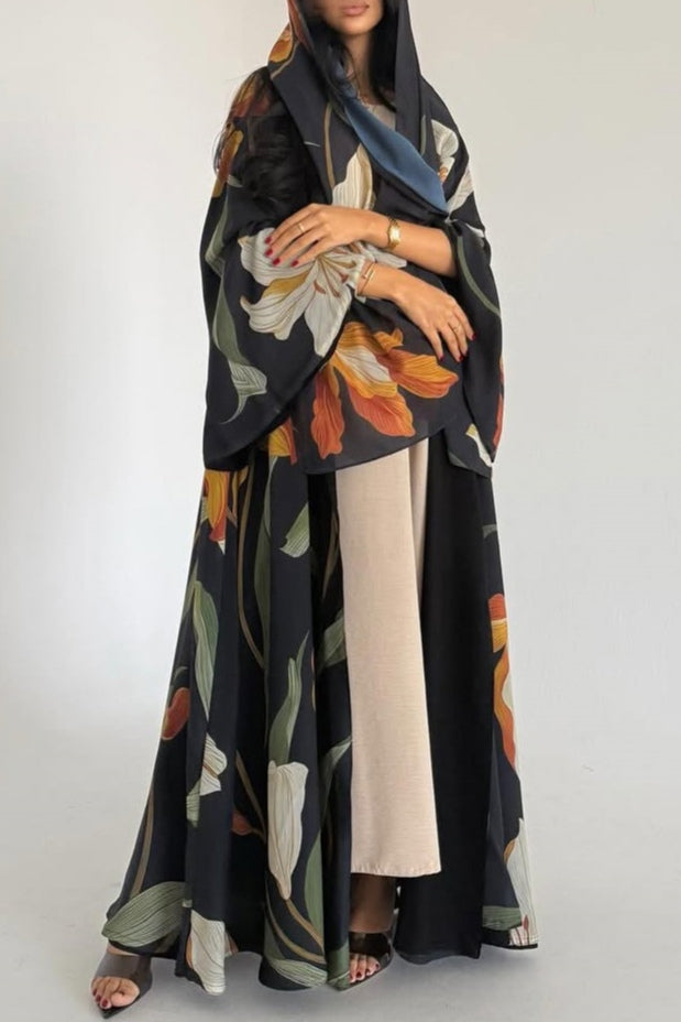 Bold Floral Print Open Abaya & Matching Hijab Set