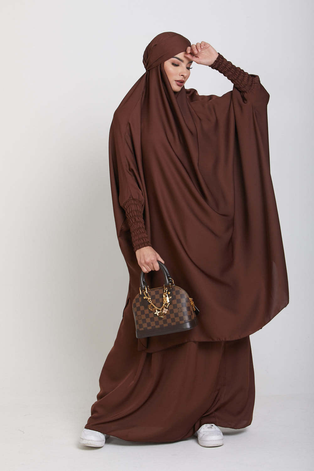 Sophisticated Integrated Hooded Abaya Set-Brown