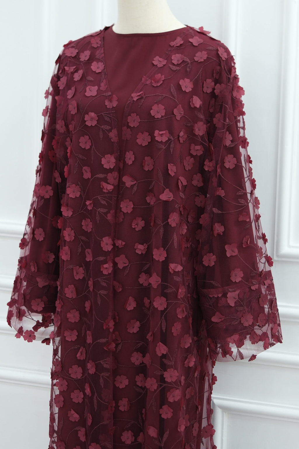 Hand-Beaded Floral Open Abaya Three-Piece Set with Matching Inner Dress & Hijab-Wine