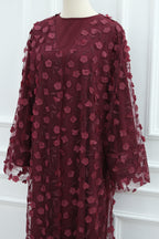 Hand-Beaded Floral Open Abaya Three-Piece Set with Matching Inner Dress & Hijab-Wine