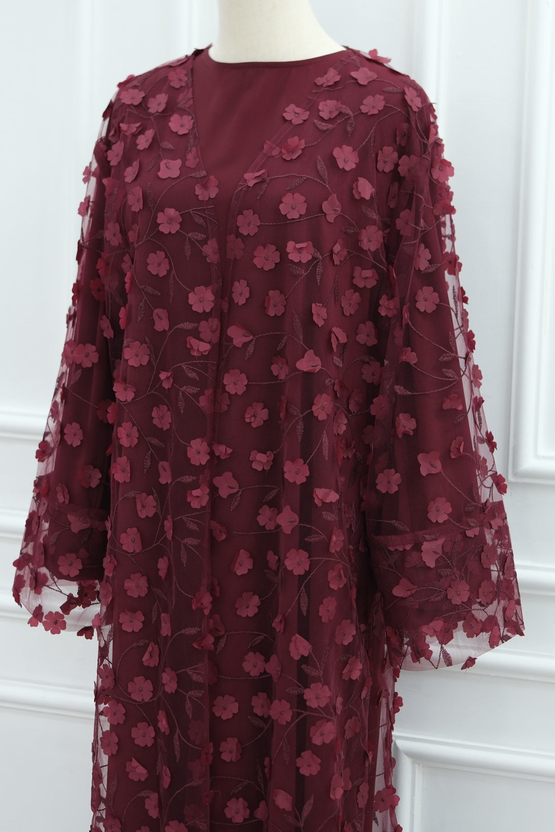 Hand-Beaded Floral Open Abaya Three-Piece Set with Matching Inner Dress & Hijab-Wine