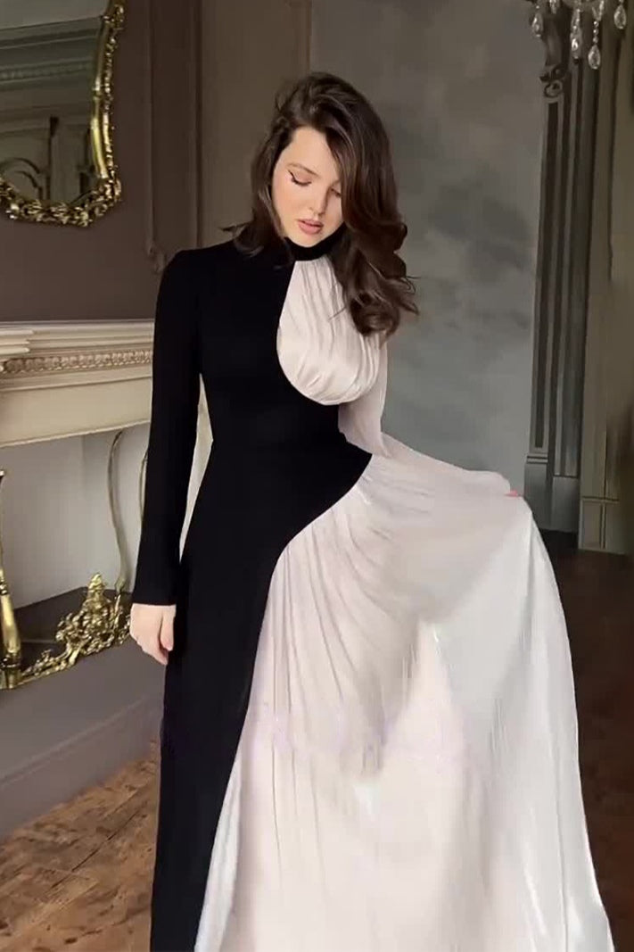 Two-Tone Asymmetrical High-Neck Maxi Dress-Black