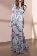 Vintage Toile de Jouy Inspired Flare Sleeve Modest Maxi Dress