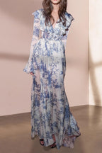 Vintage Toile de Jouy Inspired Flare Sleeve Modest Maxi Dress