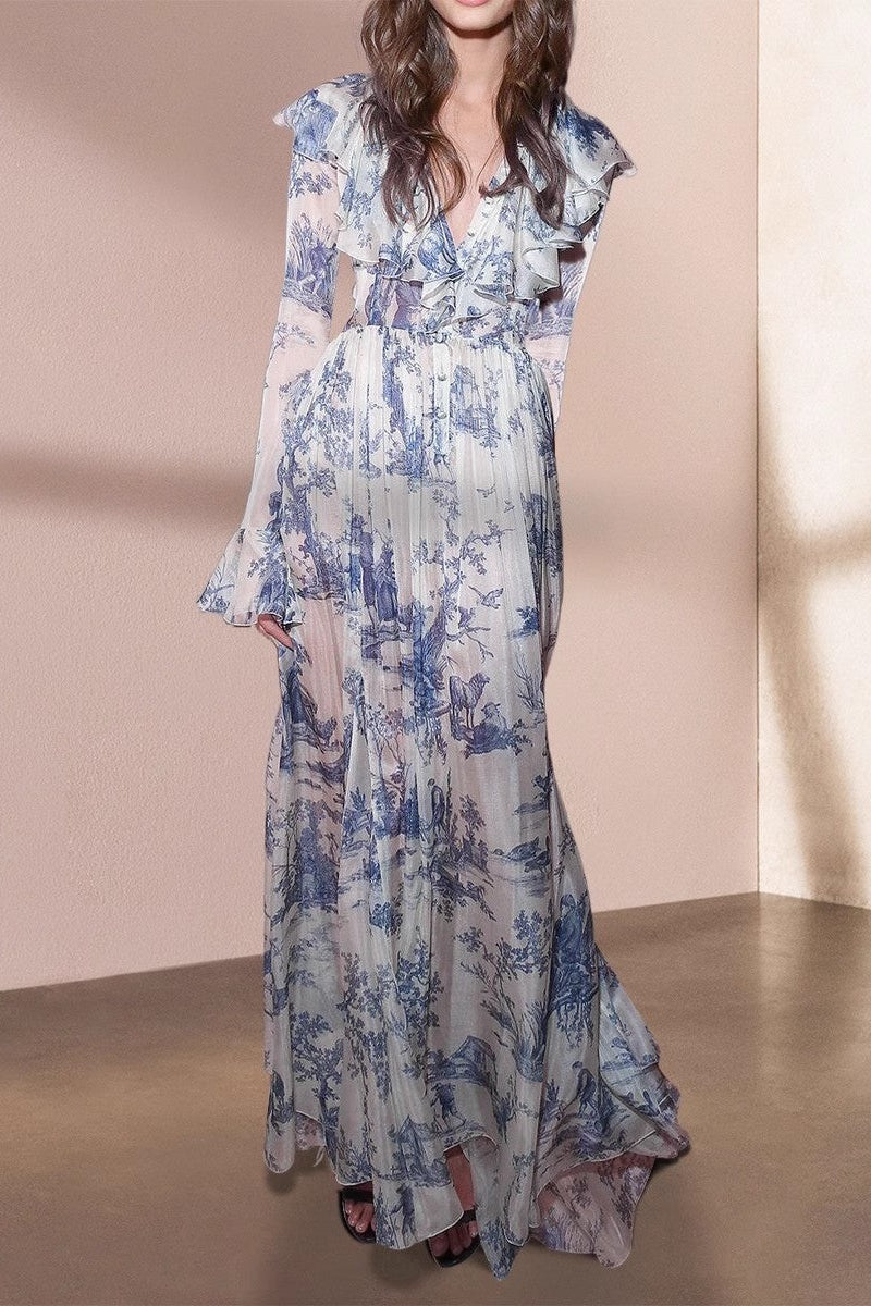Vintage Toile de Jouy Inspired Flare Sleeve Modest Maxi Dress