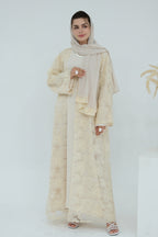 Hand-Beaded Floral Mesh Abaya Two-Piece Set-Apricot