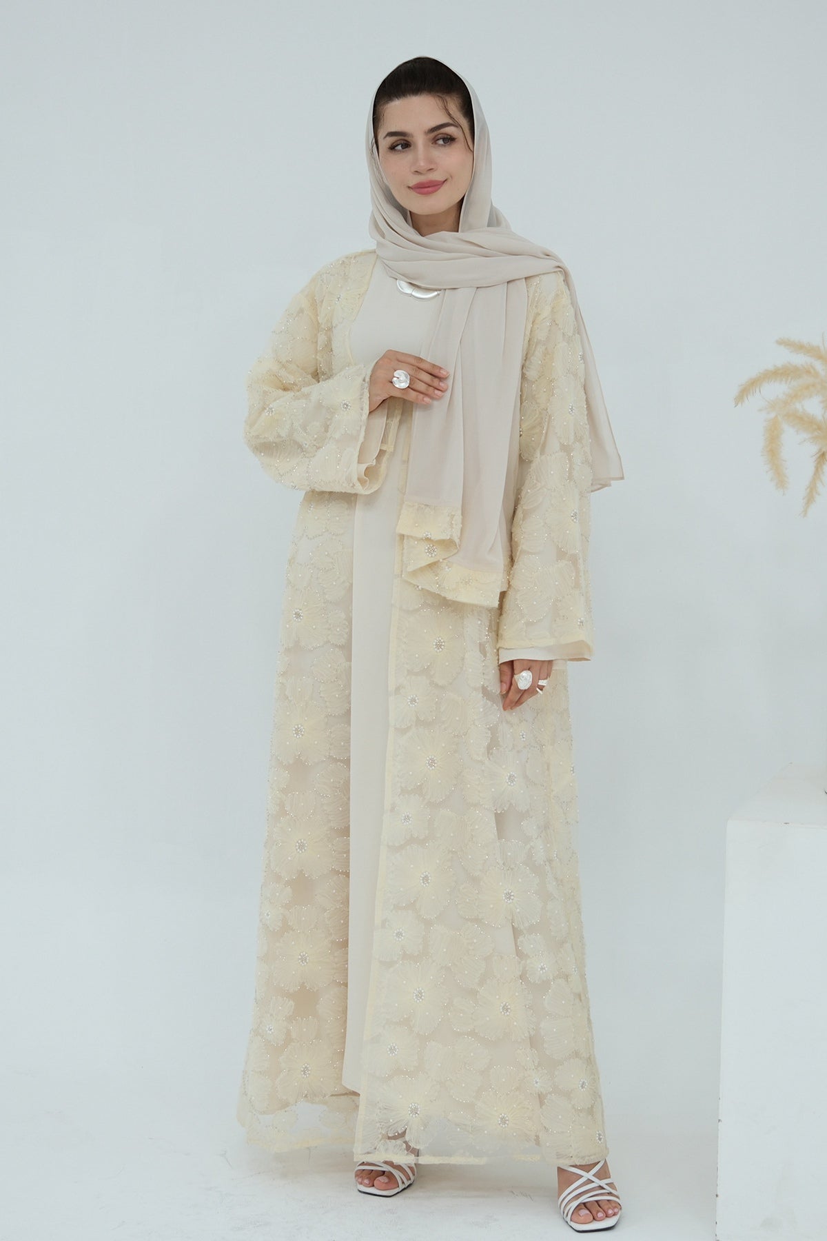 Hand-Beaded Floral Mesh Abaya Two-Piece Set-Apricot