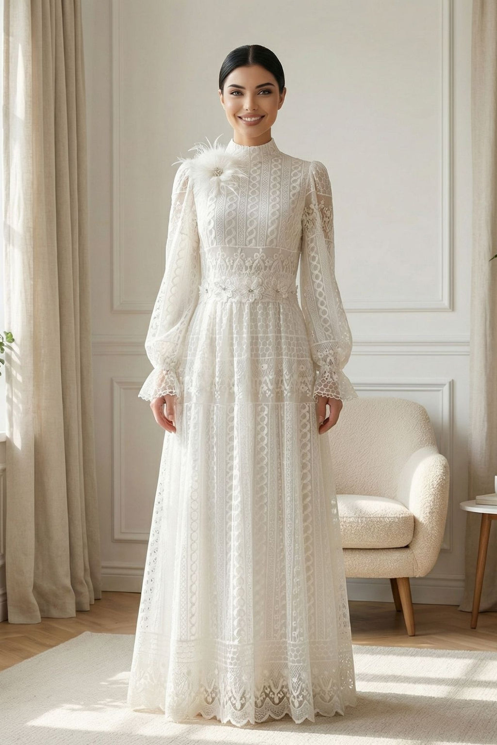 Double-Layer Lace Embroidered Maxi Dress-White