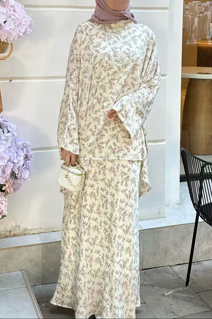 Floral Print Batwing Kaftan & Maxi Skirt Modest Set