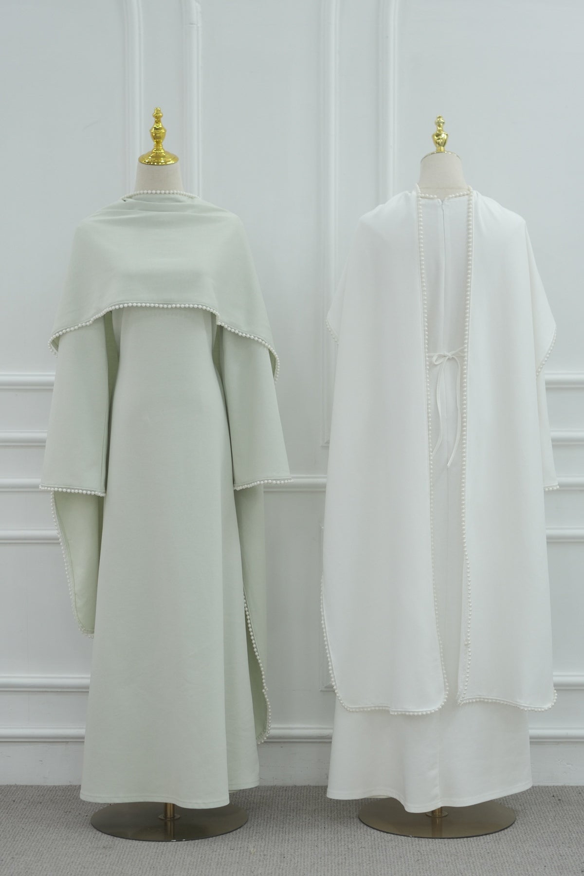 Pearl-Trimmed Cape Modest Evening Gown-Green