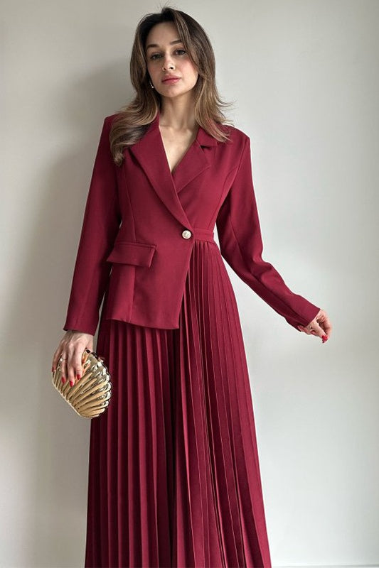 Amara Blazer Pleated Maxi Dress-Red