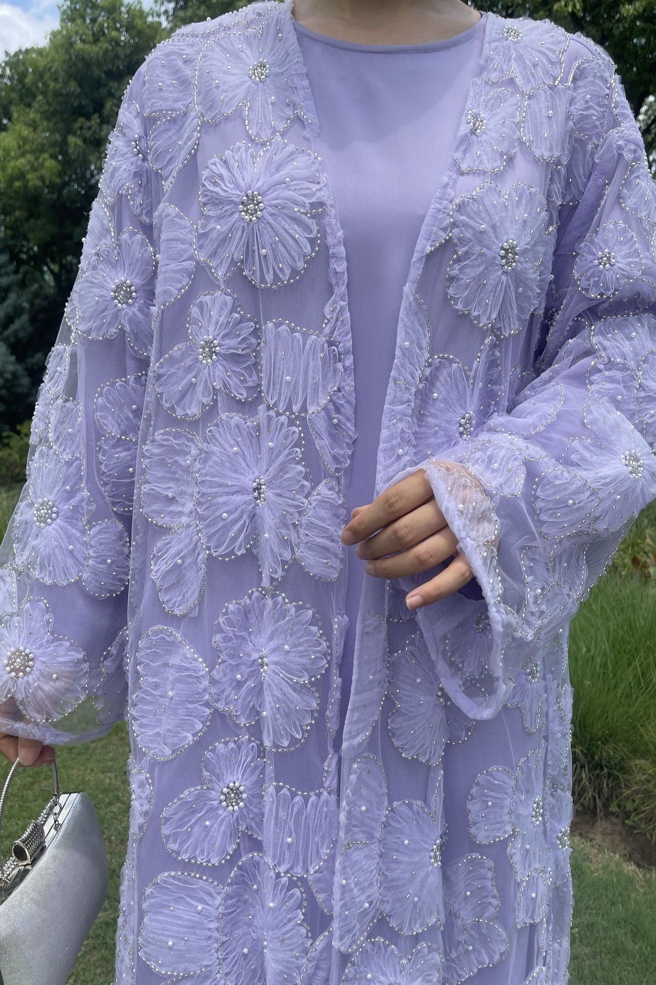 Hand-Beaded Floral Mesh Abaya Two-Piece Set-Purple