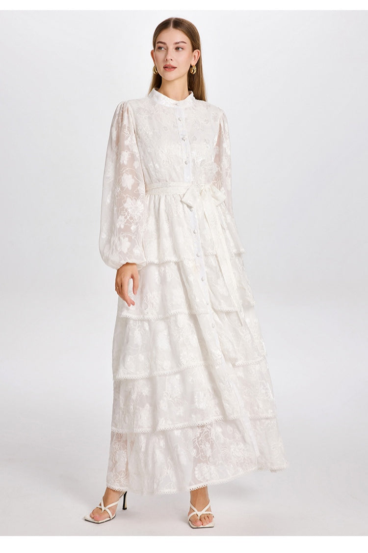 Freya Embroidered Tiered Button Front Dress-White