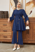 Glistening Rhinestone Modest Top & Flared Pant Set-Blue