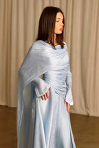 Elena Draped Cape Ruched Waist Maxi Dress