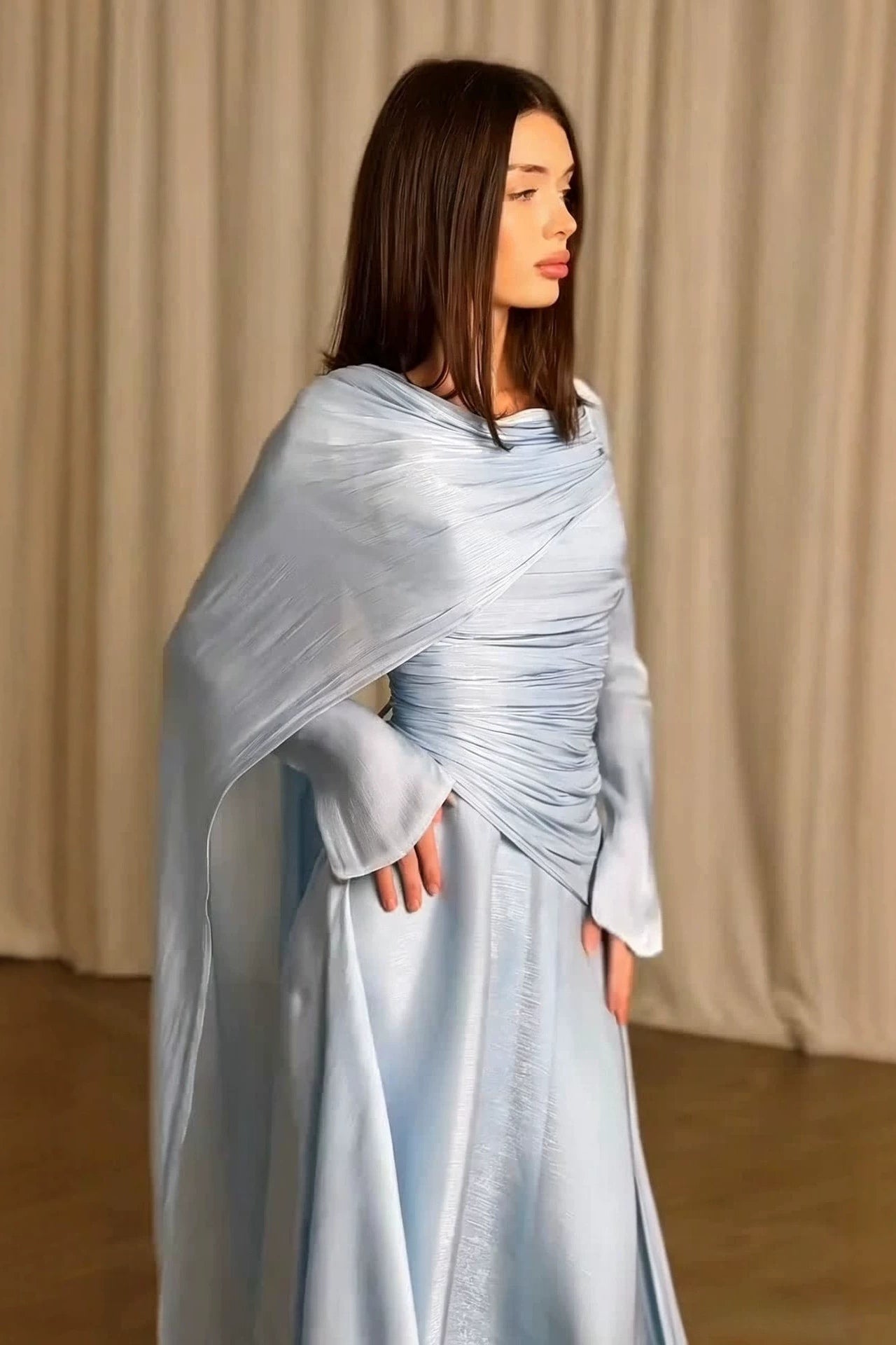 Elena Draped Cape Ruched Waist Maxi Dress