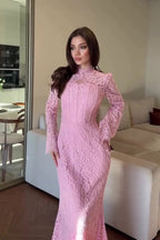 Fiona Lace Flare Sleeve Maxi Dress-Pink