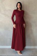 Minimalist Pleated Slim-Fit Maxi Dress-DarkRed