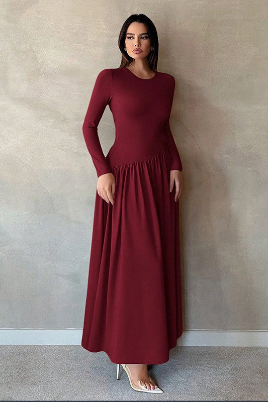 Minimalist Pleated Slim-Fit Maxi Dress-DarkRed