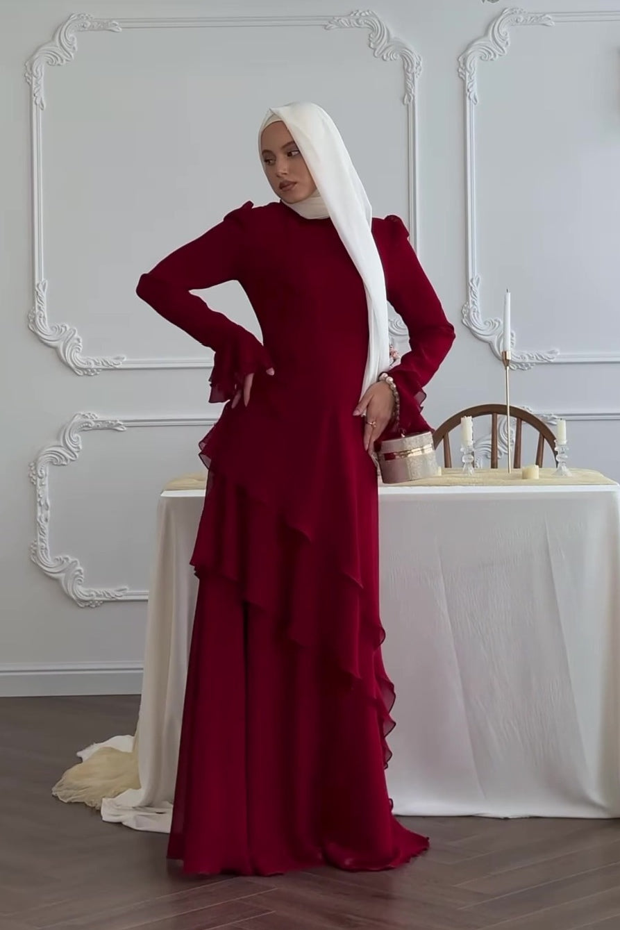 Burgundy Tiered Chiffon Modest Maxi Dress