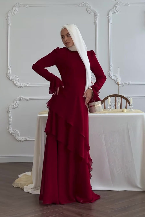 Burgundy Tiered Chiffon Modest Maxi Dress