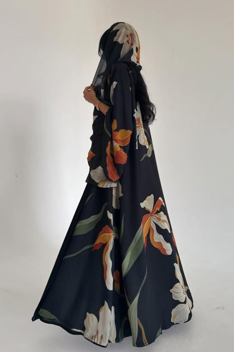 Bold Floral Print Open Abaya & Matching Hijab Set