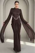 Lina Crystal Waist Cape Sleeve Maxi Dress-Coffee