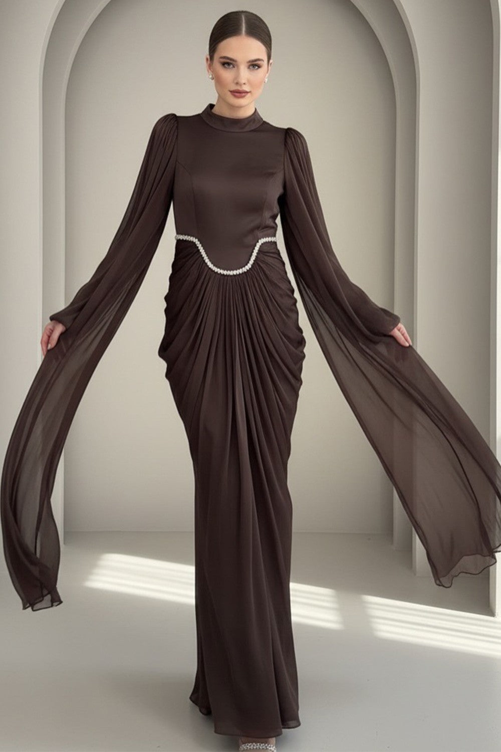 Lina Crystal Waist Cape Sleeve Maxi Dress-Coffee