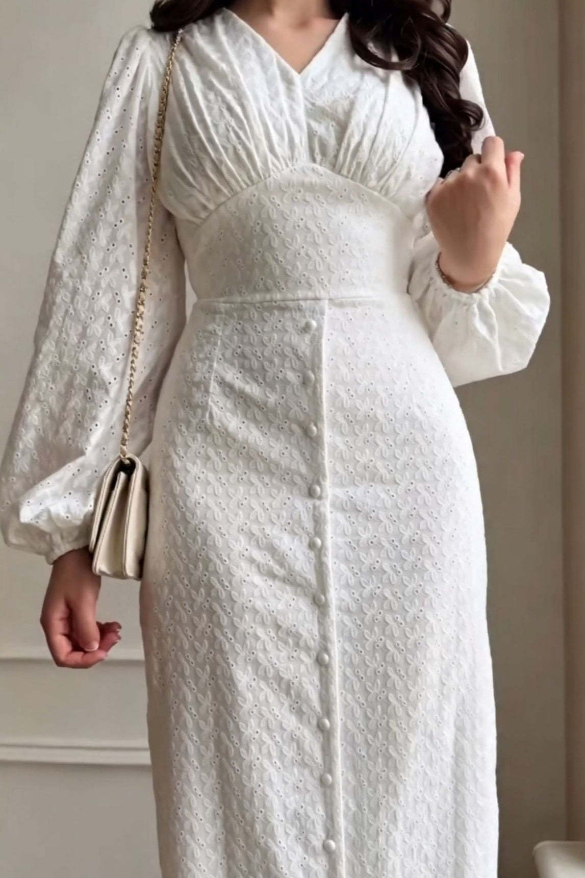 Embroidered Texture Button Detail Maxi Dress