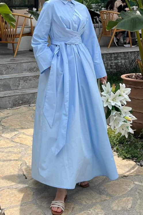 Wrap-Waist Shirt Maxi Dress-DarkBlue