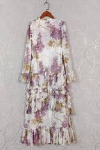 Floral Print Round-Neck Maxi Dress with Flared Sleeves and Tie-Waist