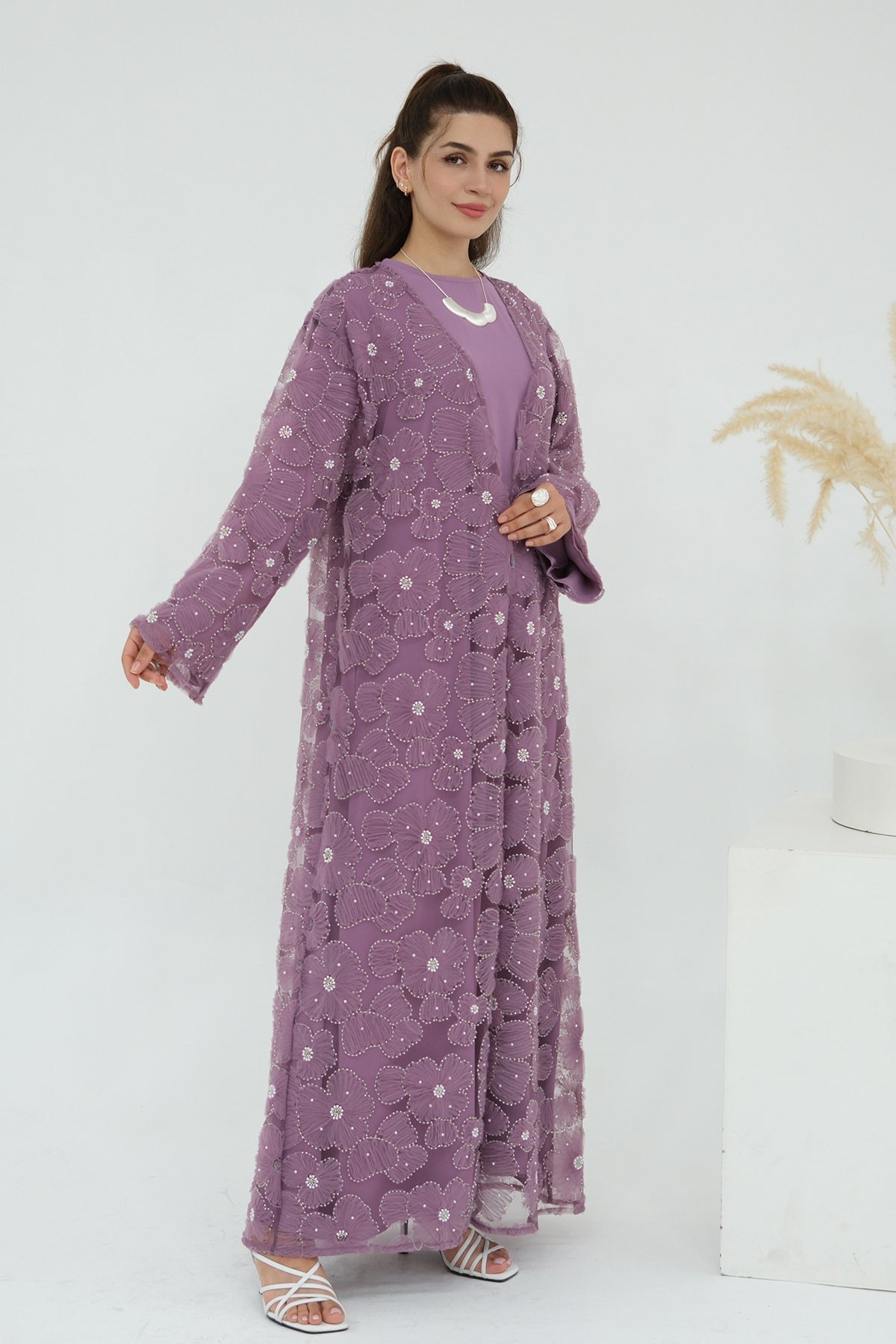 Hand-Beaded Floral Mesh Abaya Two-Piece Set-DarkPurple