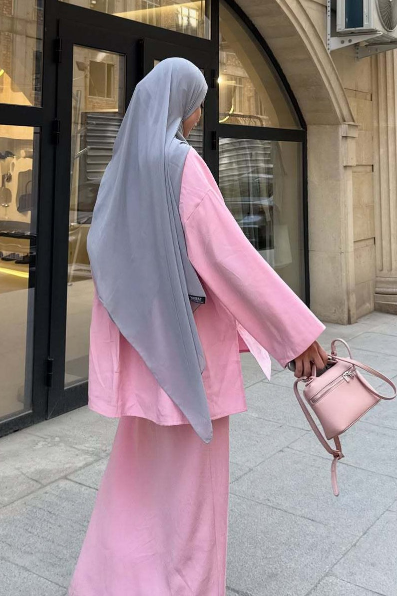 Mandarin Collar Knot-Button Modest Two-Piece Co-Ord Set-Pink