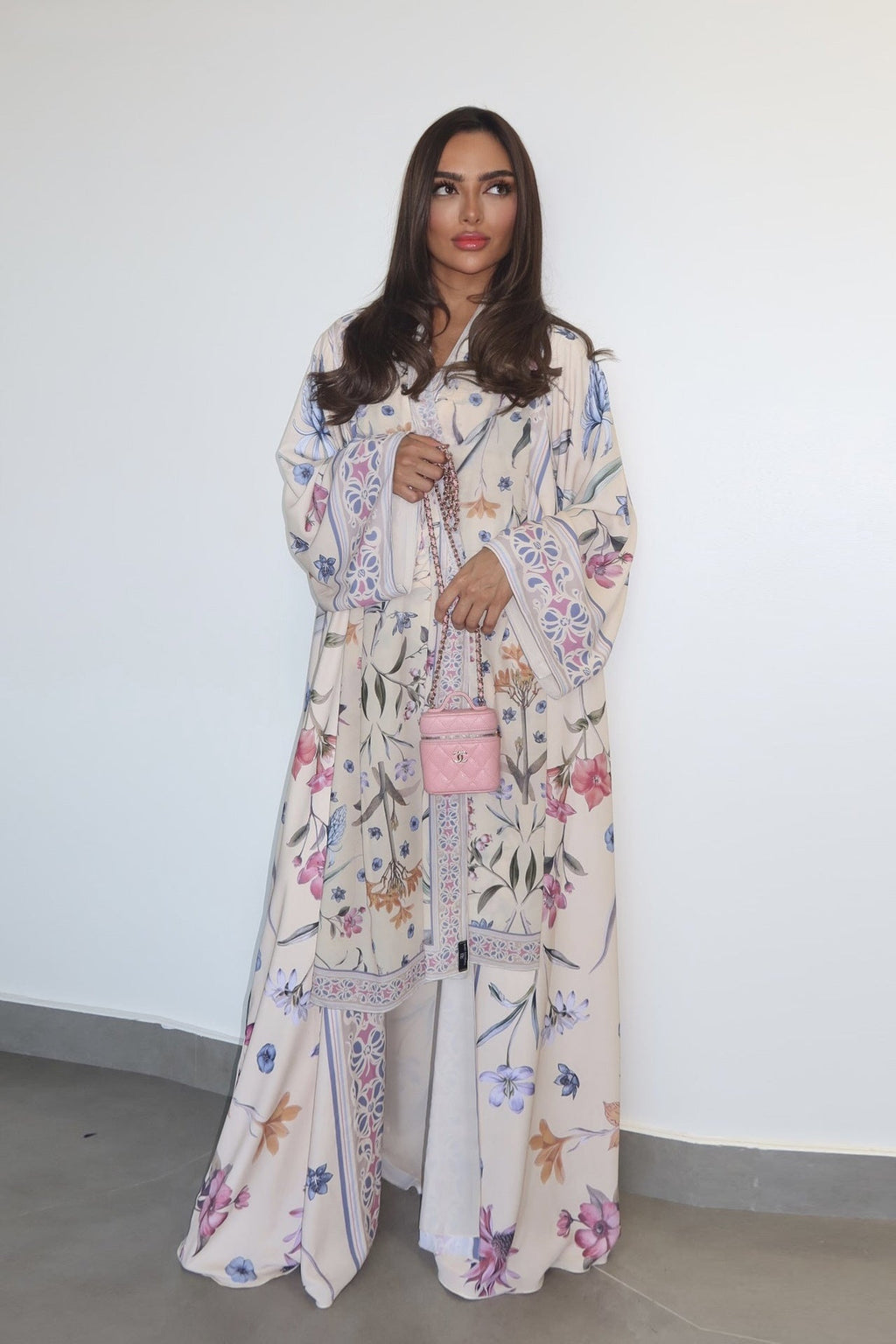 Artisanal Printed Abaya Set with Hijab-White