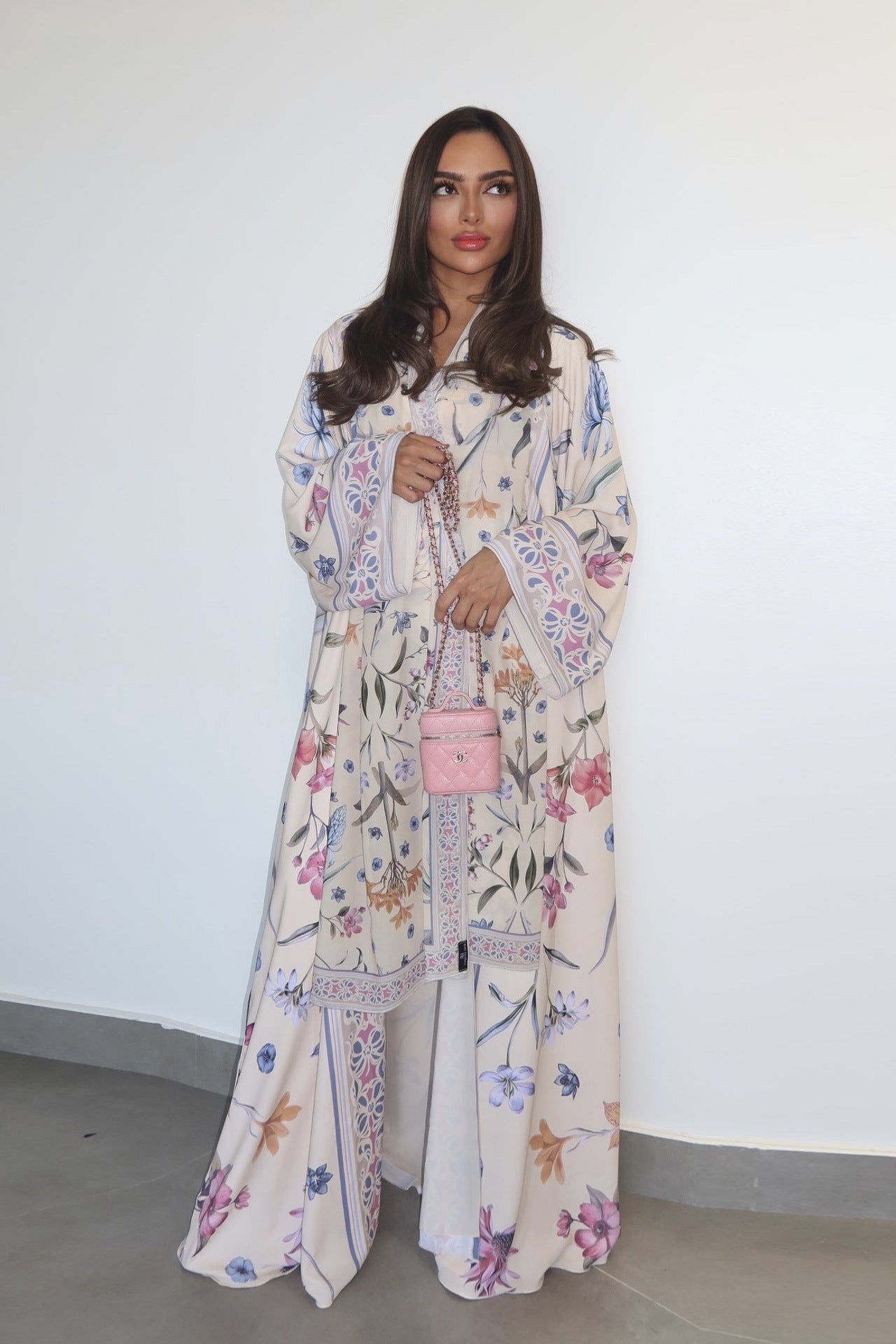 Artisanal Printed Abaya Set with Hijab-White