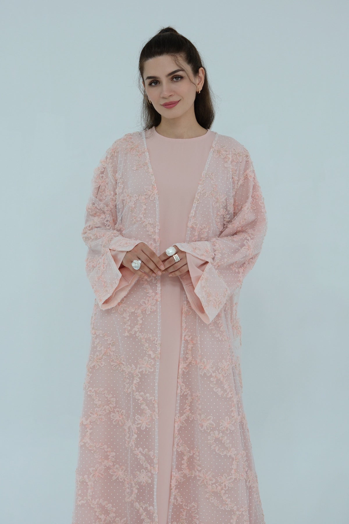 Floral Bloom Sheer Mesh Open Abaya-Pink