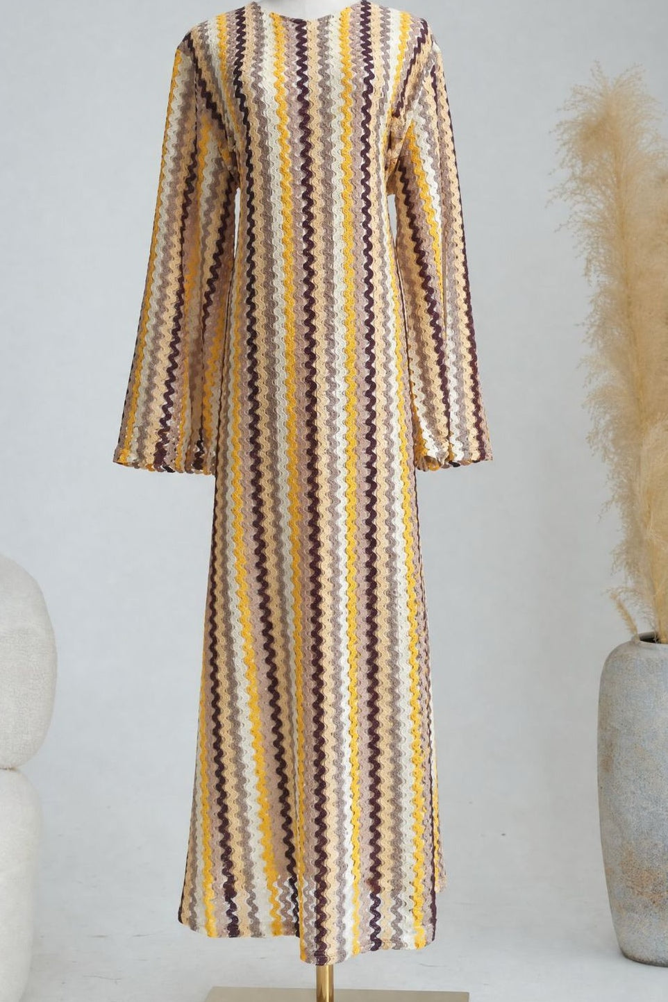 Liora Striped Knit Flare Maxi Dress-Coffee