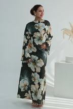 Large Floral Print Bell Sleeve Maxi Dress-Green