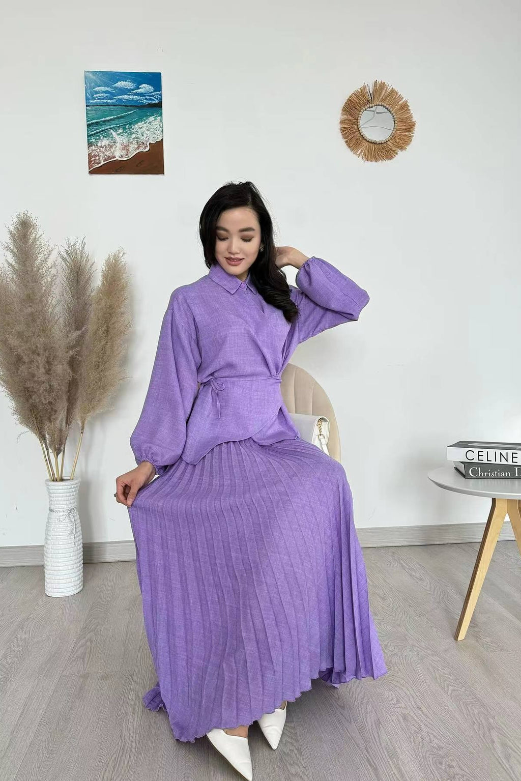 Chic Sculptural Pleats Spring Set-Purple