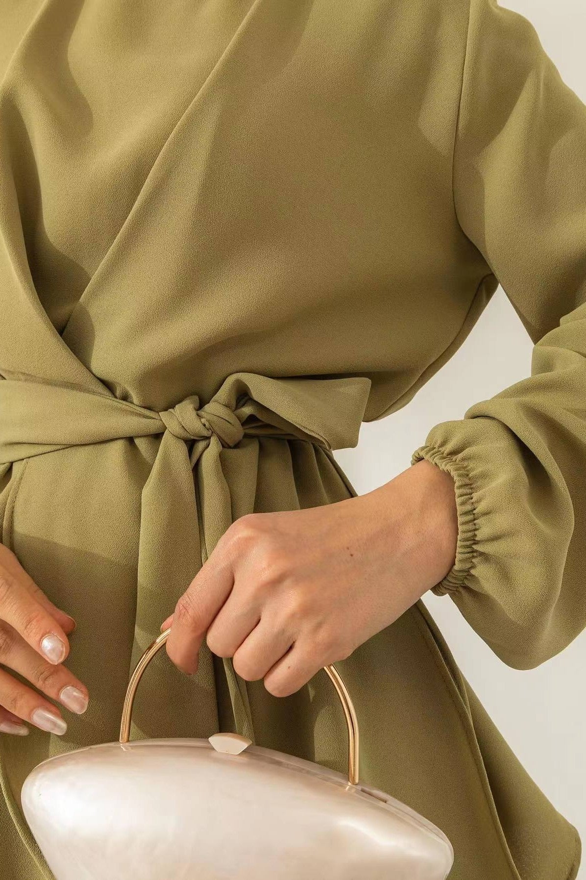 Asymmetrical Wrap Tunic & Wide-Leg Trouser Chiffon Set-Green