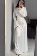 Solid Color Cinched Tie-Waist Slimming Long Sleeve Maxi Dress-White
