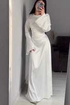 Solid Color Cinched Tie-Waist Slimming Long Sleeve Maxi Dress-White