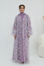 Hand-Beaded Floral Open Abaya Three-Piece Set with Matching Inner Dress & Hijab-Purple