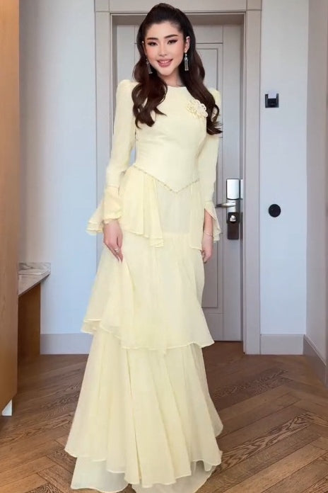 Celeste Floral Brooch Tiered Maxi Dress-Yellow