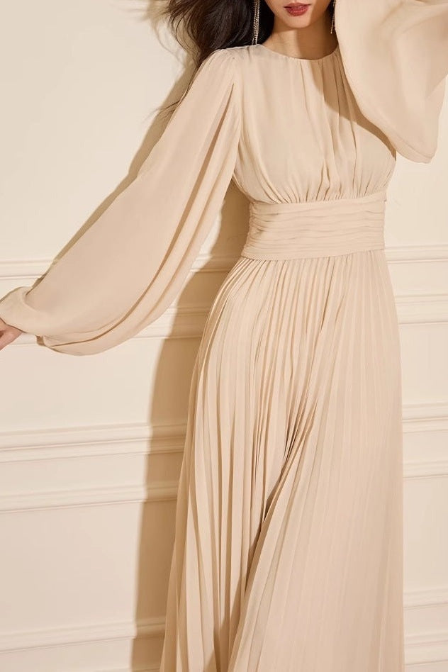 Minimalist Pleated Round-Neck Modest Maxi Dress
