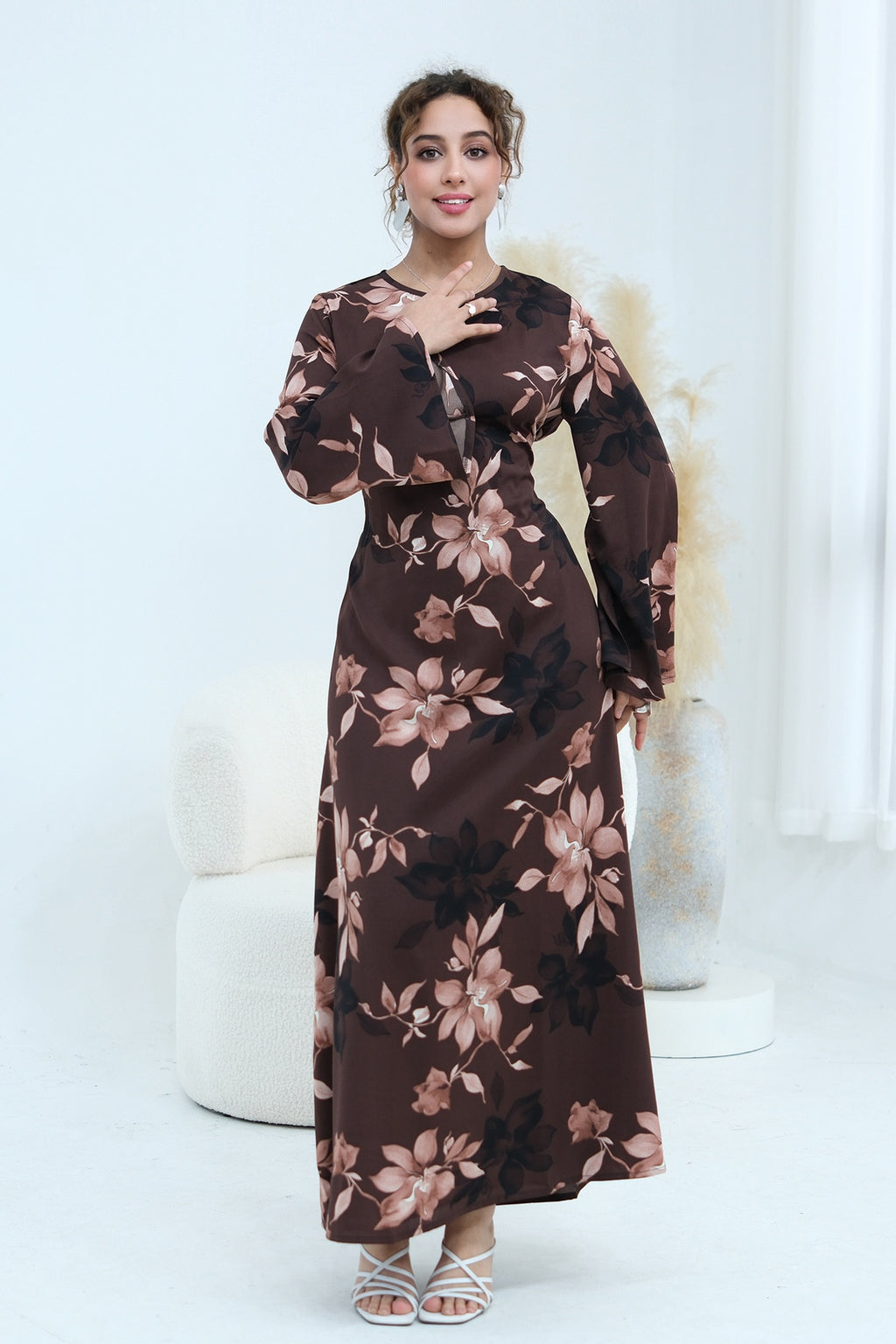 Bell Sleeve Floral Maxi Dress-Coffee