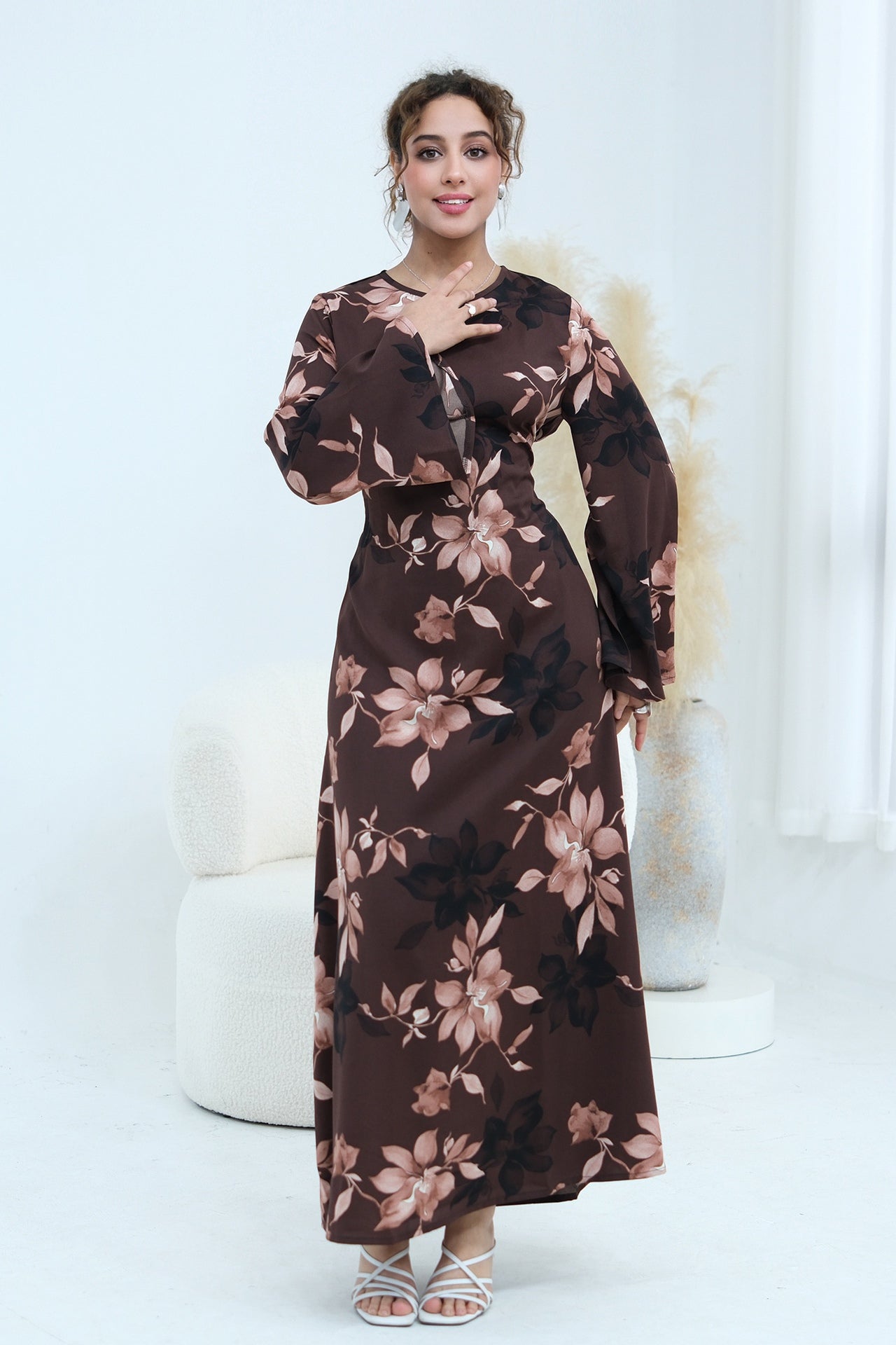 Bell Sleeve Floral Maxi Dress-Coffee
