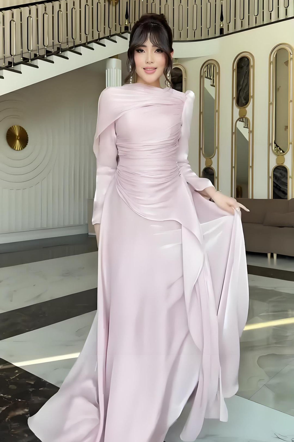 Ruched Bodice Asymmetric Drape Maxi Dress