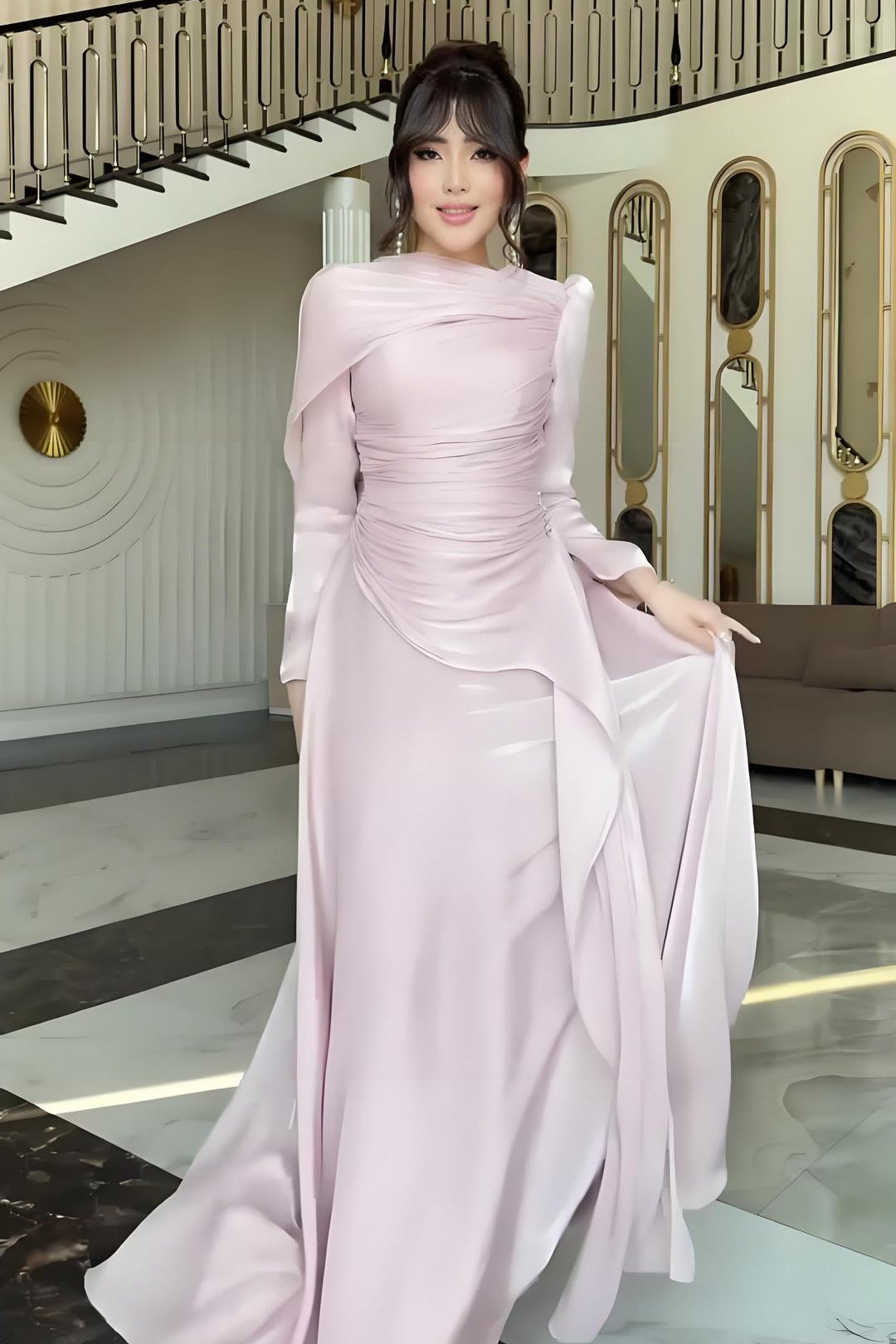 Ruched Bodice Asymmetric Drape Maxi Dress