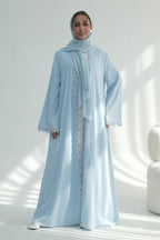 Zahra Pastel Floral Lace Trim Open Abaya